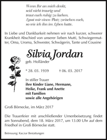 Traueranzeige von Silvia Jordan (geb. Holländer)  von Magdeburger Volksstimme
