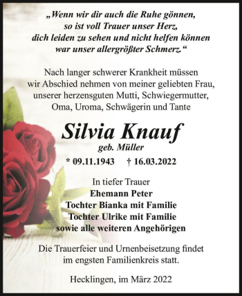 Traueranzeige von Silvia Knauf (geb. Müller)  von Magdeburger Volksstimme