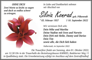 Traueranzeige von Silvia Konrad (geb. Pilkenrodt)  von Magdeburger Volksstimme