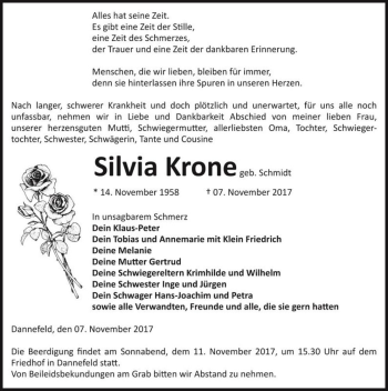 Traueranzeige von Silvia Krone (geb. Schmidt)  von Magdeburger Volksstimme