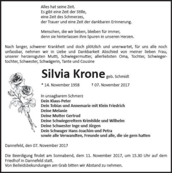 Traueranzeige von Silvia Krone (geb. Schmidt)  von Magdeburger Volksstimme