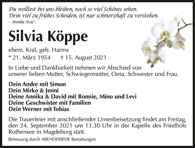  Traueranzeige für Silvia Köppe (ehem. Kral, geb. Harms)  vom 11.09.2021 aus Magdeburger Volksstimme