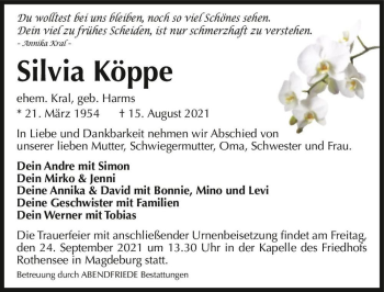 Traueranzeige von Silvia Köppe (ehem. Kral, geb. Harms)  von Magdeburger Volksstimme