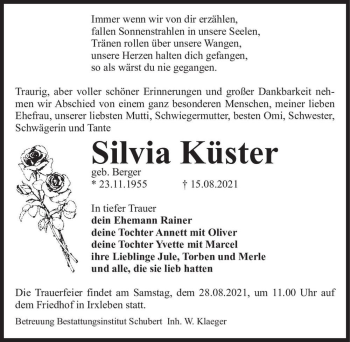 Traueranzeige von Silvia Küster (geb. Berger)  von Magdeburger Volksstimme