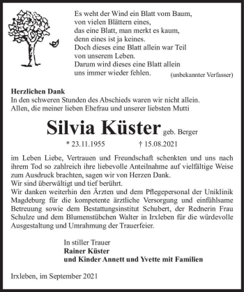 Traueranzeige von Silvia Küster (geb. Berger)  von Magdeburger Volksstimme