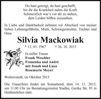 Traueranzeige von Silvia Mackowiak  von Magdeburger Volksstimme