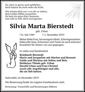 Traueranzeige von Silvia Marta Bierstedt (geb. Urban)  von Magdeburger Volksstimme