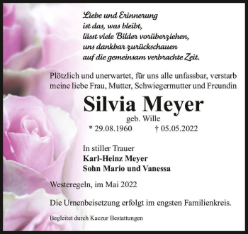 Traueranzeige von Silvia Meyer (geb. Wille)  von Magdeburger Volksstimme