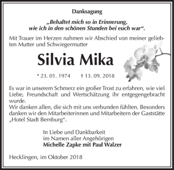 Traueranzeige von Silvia Mika  von Magdeburger Volksstimme