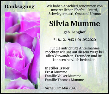 Traueranzeige von Silvia Mumme (geb. Langhof)  von Magdeburger Volksstimme