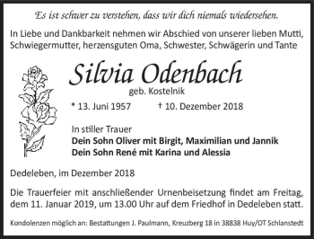 Traueranzeige von Silvia Odenbach (geb. Kostelnik)  von Magdeburger Volksstimme