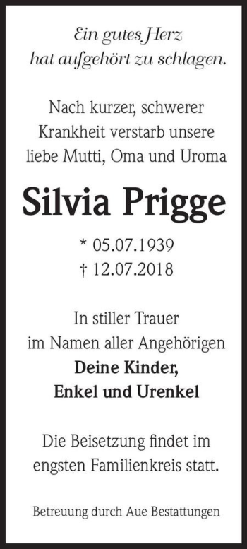 Traueranzeige von Silvia Prigge  von Magdeburger Volksstimme
