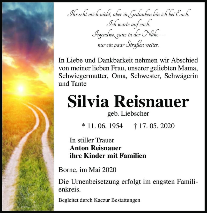  Traueranzeige für Silvia Reisnauer (geb. Liebscher)  vom 22.05.2020 aus Magdeburger Volksstimme