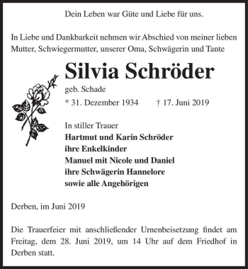 Traueranzeige von Silvia Schröder (geb. Schade)  von Magdeburger Volksstimme