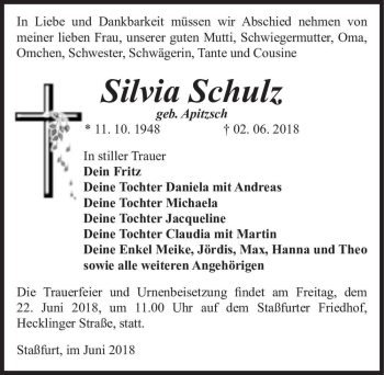 Traueranzeige von Silvia Schulz (geb. Apitzsch)  von Magdeburger Volksstimme