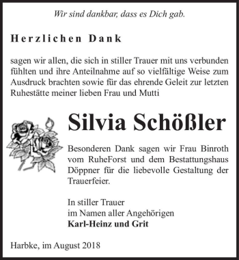 Traueranzeige von Silvia Schößler  von Magdeburger Volksstimme