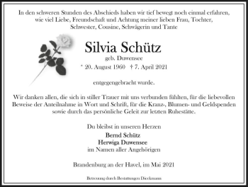 Traueranzeige von Silvia Schütz (geb. Duwensee)  von Magdeburger Volksstimme