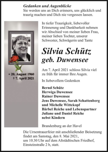Traueranzeige von Silvia Schütz (geb. Duwensee)  von Magdeburger Volksstimme