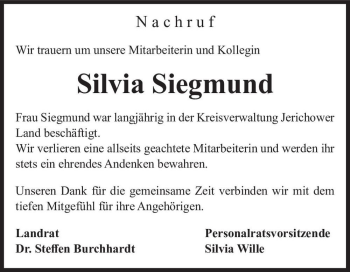 Traueranzeige von Silvia Siegmund  von Magdeburger Volksstimme