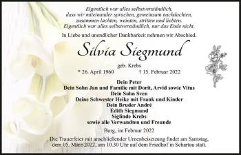 Traueranzeige von Silvia Siegmund (geb Krebs)  von Magdeburger Volksstimme