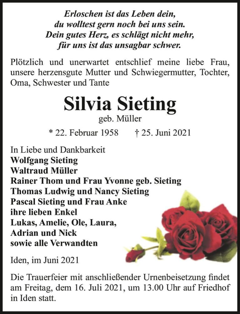  Traueranzeige für Silvia Sieting (geb. Müller)  vom 30.06.2021 aus Magdeburger Volksstimme