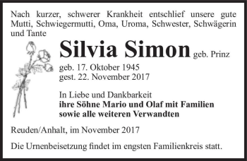 Traueranzeige von Silvia Simon (geb. Prinz)  von Magdeburger Volksstimme