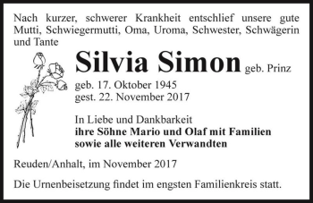Traueranzeige von Silvia Simon (geb. Prinz)  von Magdeburger Volksstimme