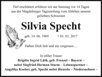 Traueranzeige von Silvia Specht  von Magdeburger Volksstimme