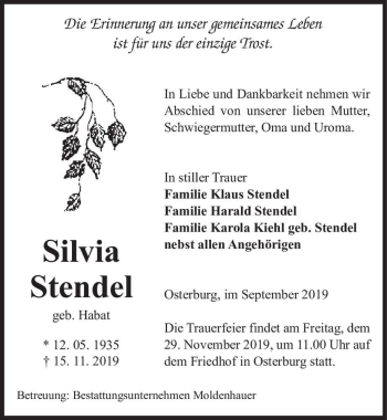 Traueranzeige von Silvia Stendel (geb. Habat)  von Magdeburger Volksstimme