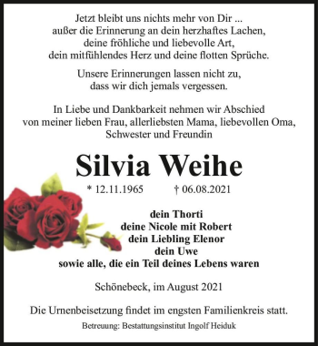 Traueranzeige von Silvia Weihe  von Magdeburger Volksstimme