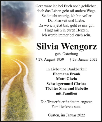 Traueranzeige von Silvia Wengorz (geb. Osterburg)  von Magdeburger Volksstimme