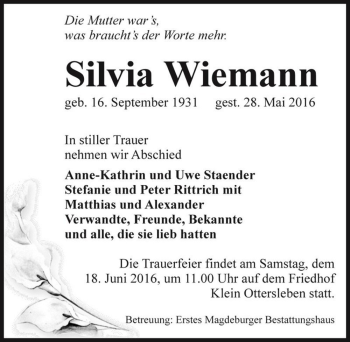 Traueranzeige von Silvia Wiemann  von Magdeburger Volksstimme