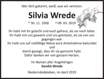 Traueranzeige von Silvia Wrede  von Magdeburger Volksstimme