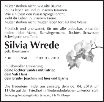 Traueranzeige von Silvia Wrede (geb. Biermanski)  von Magdeburger Volksstimme