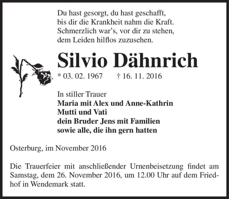 Traueranzeige für Silvio Dähnrich  vom 19.11.2016 aus Magdeburger Volksstimme