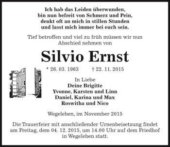 Traueranzeige von Silvio Ernst  von Magdeburger Volksstimme