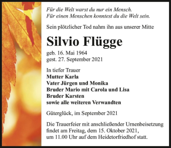 Traueranzeige von Silvio Flügge  von Magdeburger Volksstimme