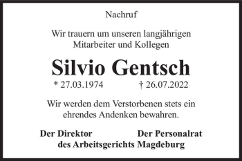 Traueranzeige von Silvio Gentsch  von Magdeburger Volksstimme