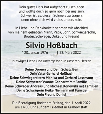 Traueranzeige von Silvio Hoßbach  von Magdeburger Volksstimme