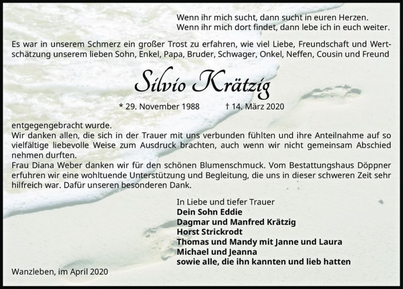  Traueranzeige für Silvio Krätzig  vom 11.04.2020 aus Magdeburger Volksstimme