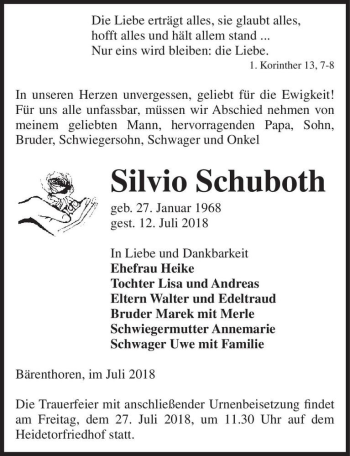 Traueranzeige von Silvio Schuboth  von Magdeburger Volksstimme