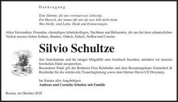 Traueranzeige von Silvio Schultze  von Magdeburger Volksstimme