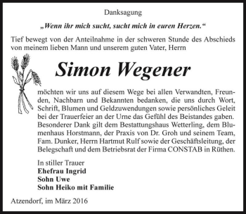 Traueranzeige von Simon Wegener  von Magdeburger Volksstimme
