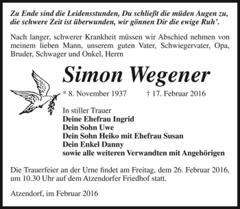 Traueranzeige von Simon Wegener  von Magdeburger Volksstimme