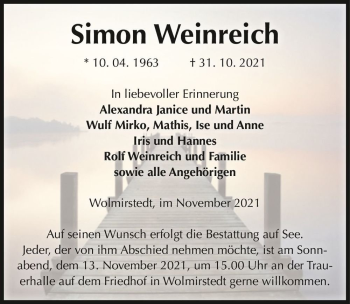 Traueranzeige von Simon Weinreich  von Magdeburger Volksstimme