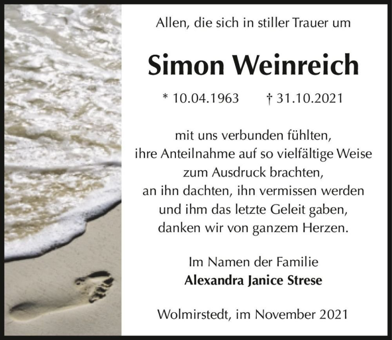  Traueranzeige für Simon Weinreich  vom 20.11.2021 aus Magdeburger Volksstimme