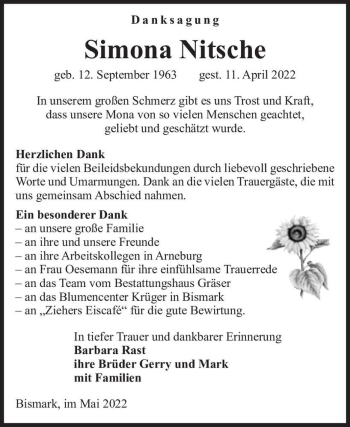 Traueranzeige von Simona Nitsche  von Magdeburger Volksstimme