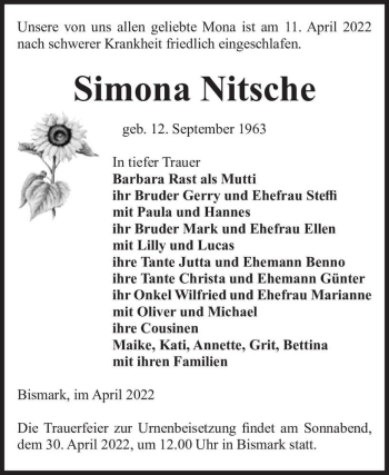 Traueranzeige von Simona Nitsche  von Magdeburger Volksstimme