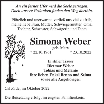 Traueranzeige von Simona Weber (geb. Marx)  von Magdeburger Volksstimme
