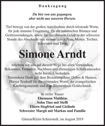 Traueranzeige von Simone Arndt  von Magdeburger Volksstimme
